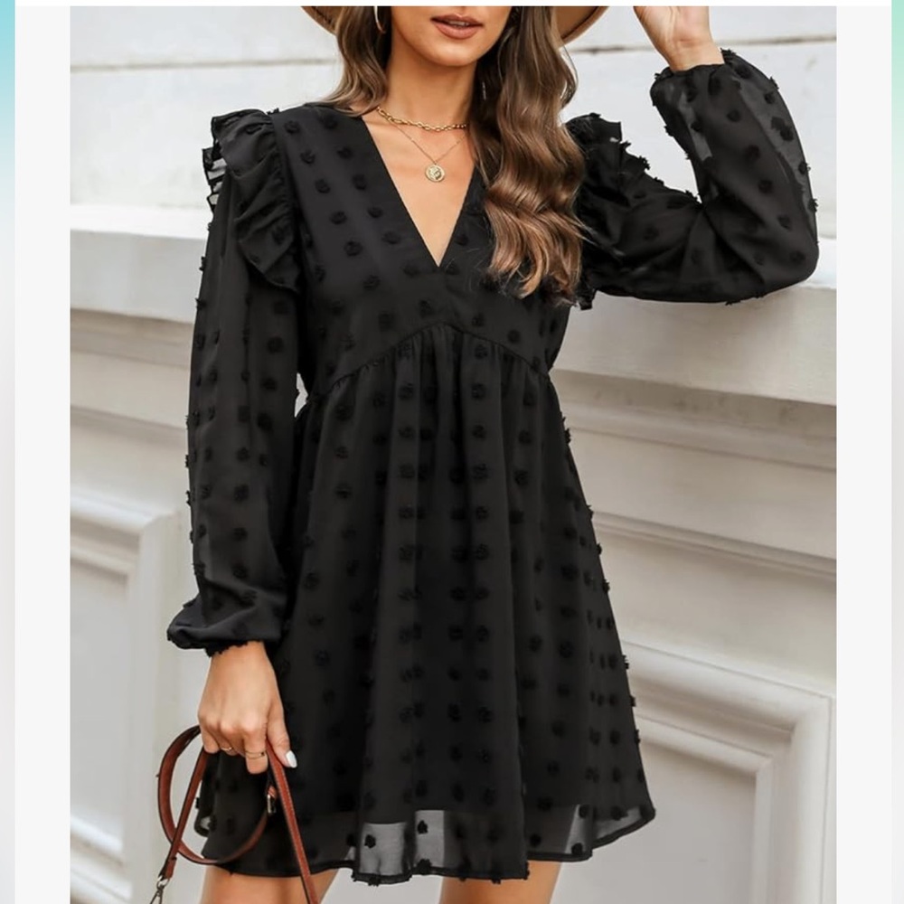 CUPSHE Women Long Sleeve Ruffled A-line Mini Dress V-Neck- Wedding Party Dress